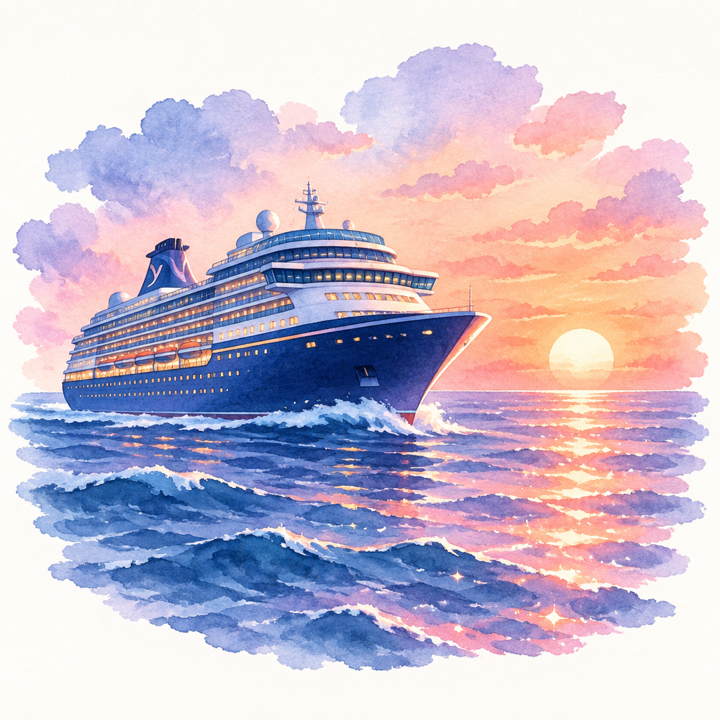 Illustration of a cruise ship at sunset