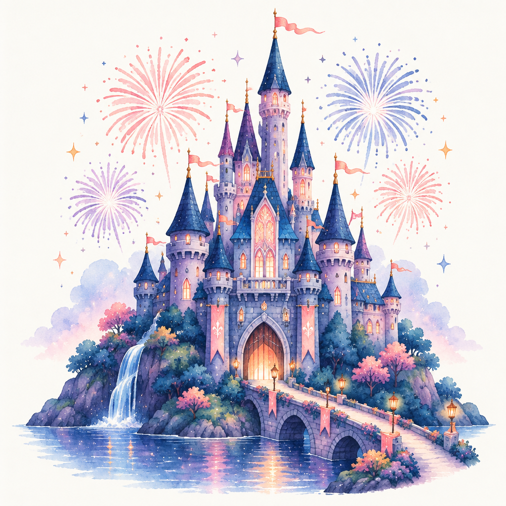 Illustration of a fairytale castle with fireworks